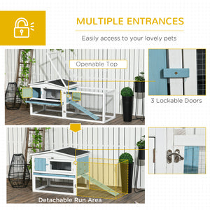 Wooden hutch with removable tray, opening roof, waterer, and run, blue