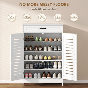 Shoe cabinet with louvered doors, drawer and adjustable shelves, white