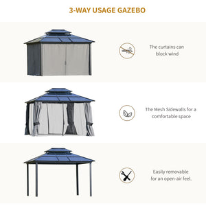 10 x 12 Gazebo with rigid aluminum roof, double slope, curtains and mesh side panels, black and grey