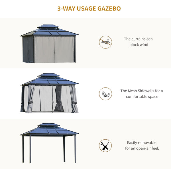 10 x 12 Gazebo with rigid aluminum roof, double slope, curtains and mesh side panels, black and grey