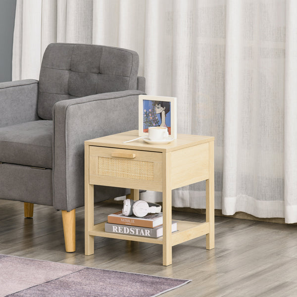 Narrow bedside table with rattan elements