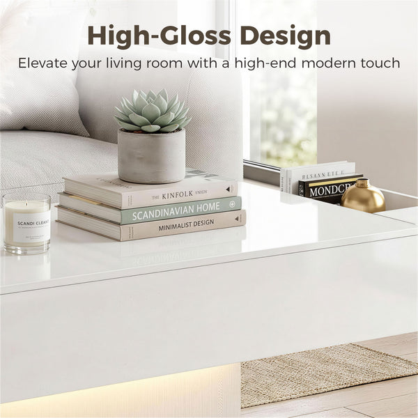 LED Coffee Table with Storage, High Gloss with 2 Drawers and Remote Control for Living Room, White