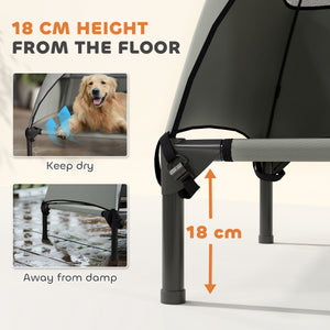 Elevated bed with canopy, steel frame and washable mesh, light gray