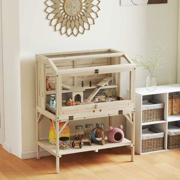2-tier wooden hamster cage with storage and accessories