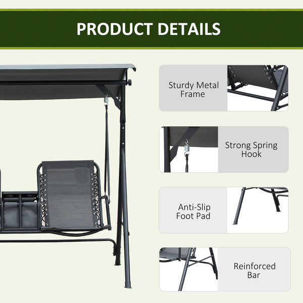 Swing for 2 people with swiveling storage table, grey