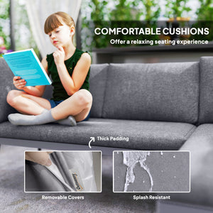 3-piece L-shaped resin wicker garden furniture set with cushions, grey