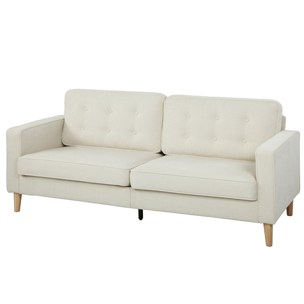 Tufted 3-seater sofa with upholstered cushions and wooden legs, cream white.