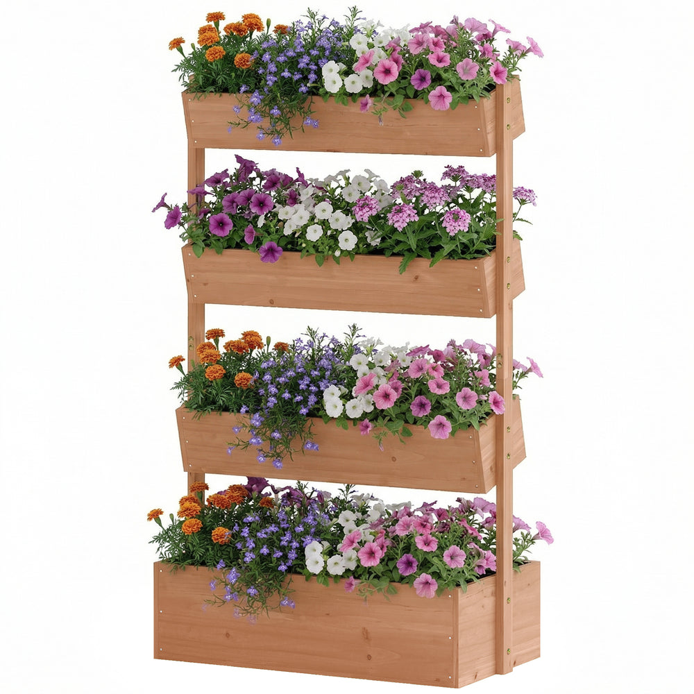 4-Tier Vertical Raised Garden Bed Outdoor Wooden Planter with Drainage Holes and Fabric Liner