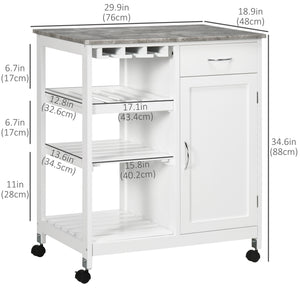 Rolling kitchen trolley with wooden top and drawer, white
