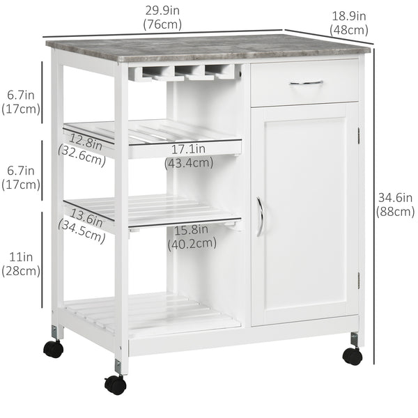 Rolling kitchen trolley with wooden top and drawer, white