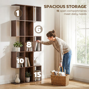 5-Tier Bookcase, S-Shaped Geometric Bookshelf with 15 Compartments, Black Wood Look.
