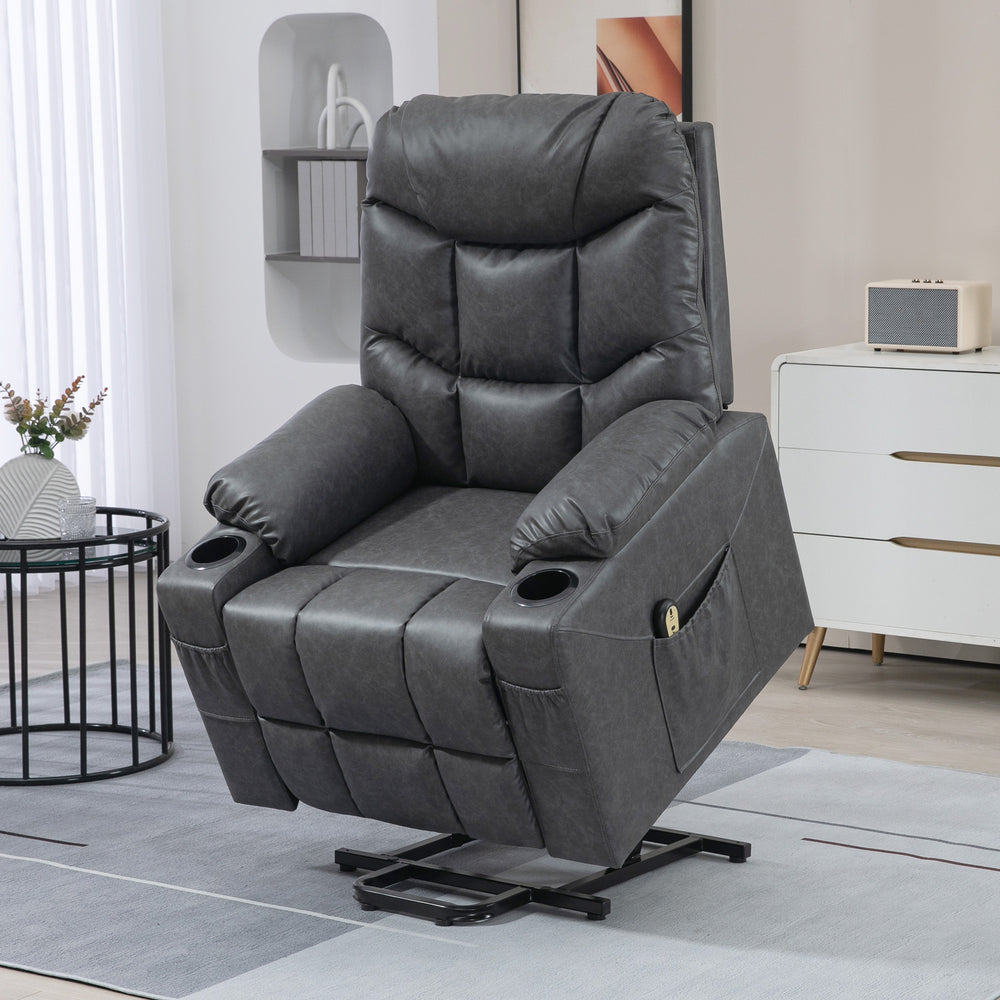 Leather Power Recliner Lift Chair with Remote Control and Cup Holders, Grey