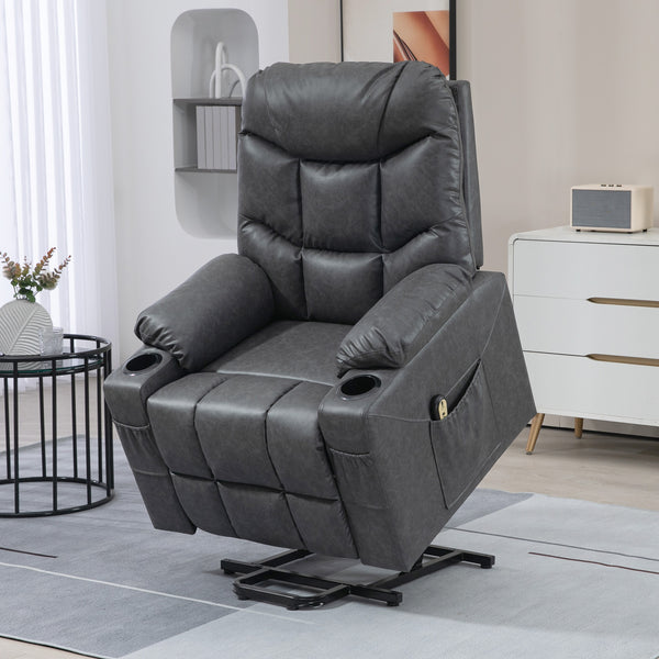Leather Power Recliner Lift Chair with Remote Control and Cup Holders, Grey