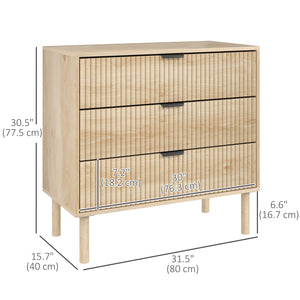 3-drawer bedroom chest of drawers with fluted panels and solid wood legs, oak