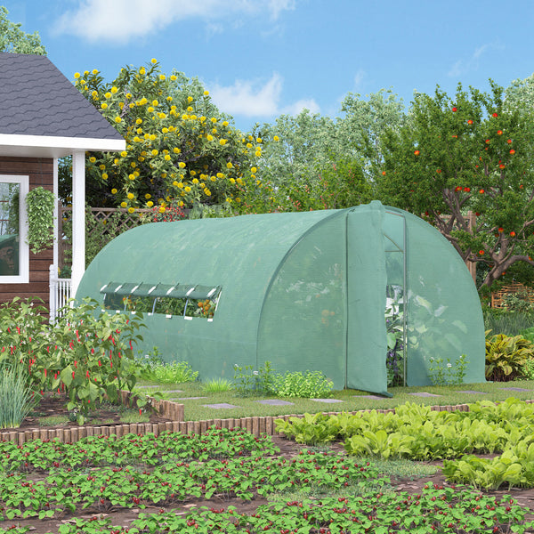 Tunnel greenhouse with drainage, PE cover, sturdy steel frame, green