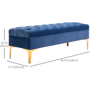 Upholstered bedside bench with button tufting, blue