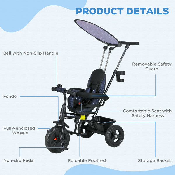 6 in 1 Kids Tricycle with Removable Handlebar and Canopy, Navy Blue