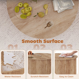 Lift-top round coffee table with hidden storage, natural wood effect