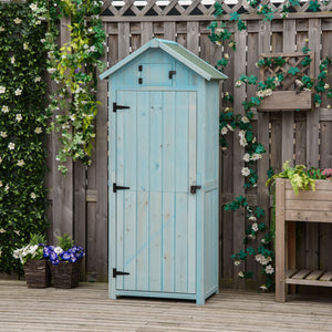 Outdoor garden shed for tools and accessories, with 3 shelves, blue