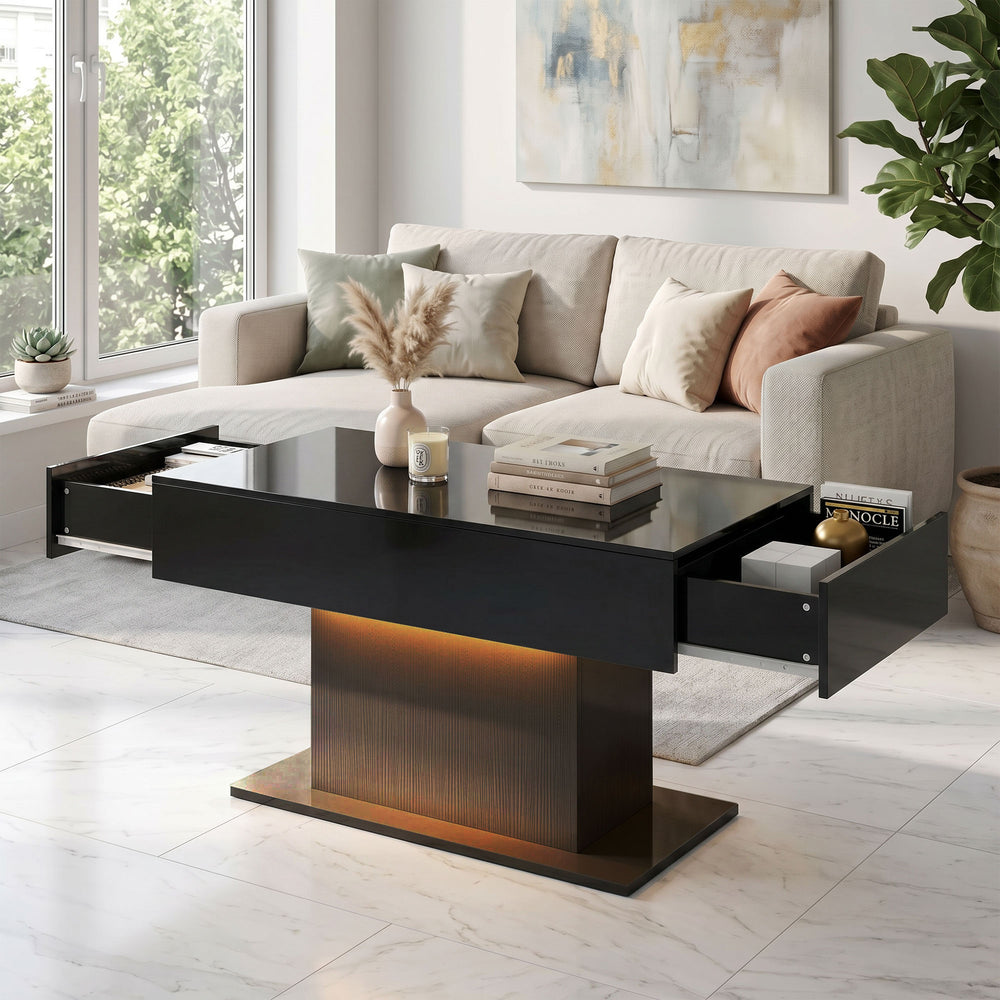 Modern coffee table with RGB LED lighting, 2 hidden drawers and high-gloss finish – Black