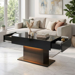 Modern coffee table with RGB LED lighting, 2 hidden drawers and high-gloss finish – Black