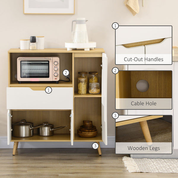 Modern microwave cabinet with drawer, storage, and cable management for kitchen and dining room, white.