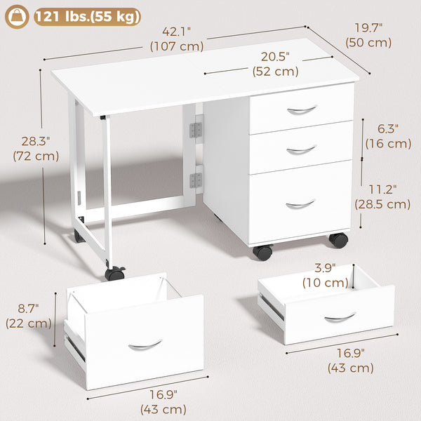 Folding desk with 3 drawers and castors, white