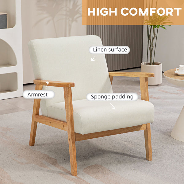 Retro fabric accent chair with wooden armrests, cream white