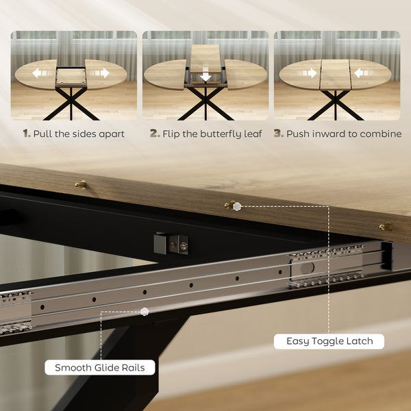 Extendable dining table with butterfly extension, in natural wood