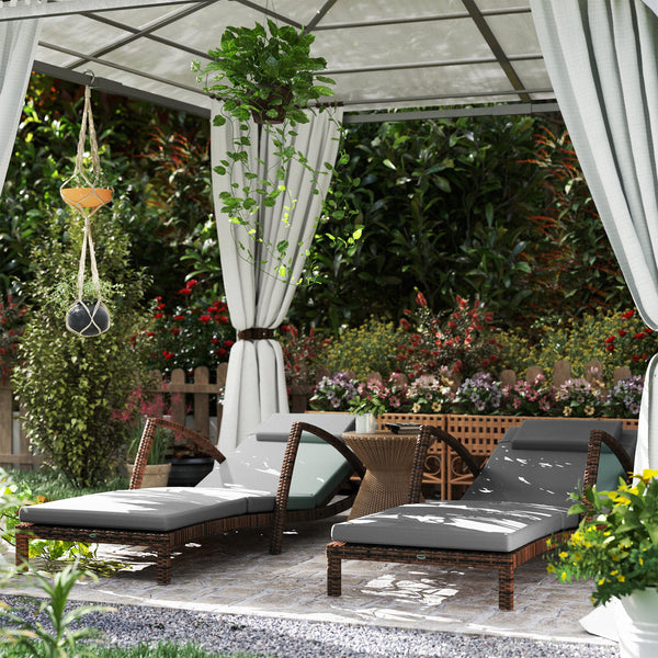 Set of 2 Outdoor Wicker Lounge Chairs with 5-Level Adjustable Backrest, Casters, Cushion and Armrests, Grey