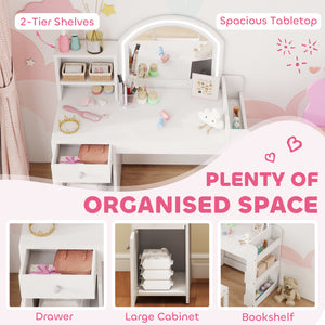 Dressing table and chair with illuminated mirror, wardrobe, drawer and shelves, white