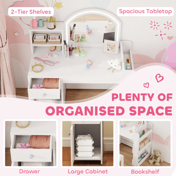 Dressing table and chair with illuminated mirror, wardrobe, drawer and shelves, white