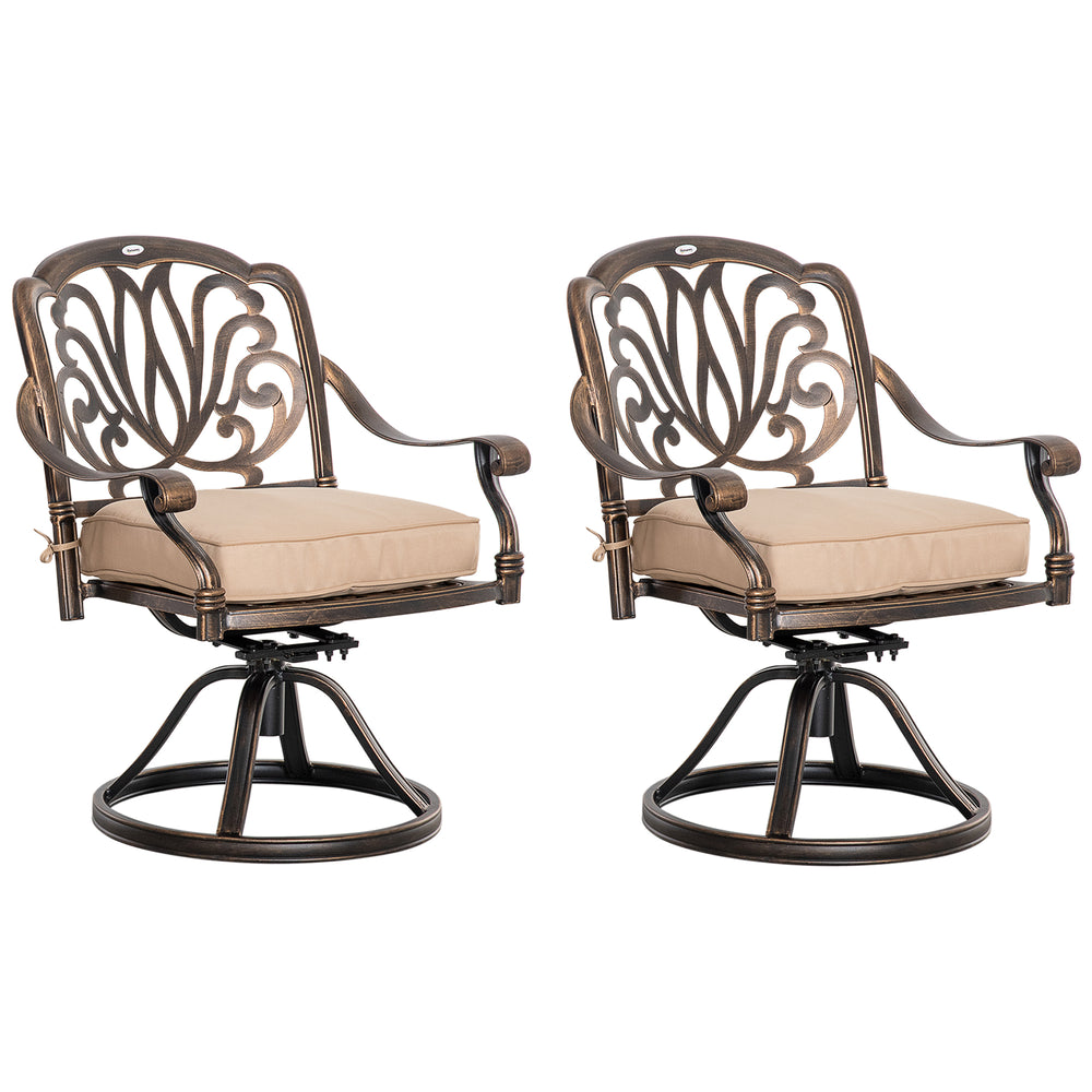 Set of 2 swivel chairs with cushions, aluminium frame, bronze colour.