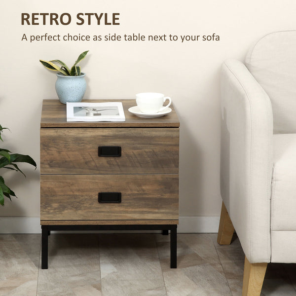 Retro-style bedside table with 2 drawers and a steel frame