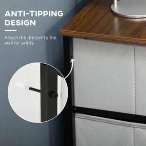 6-drawer fabric chest with steel frame, wood-effect top and handles, grey.