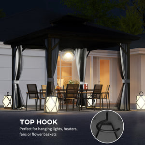 10x10 Gazebo with Double-Tier Metal Roof, Mosquito Netting, and Hanging Hook, Light Gray