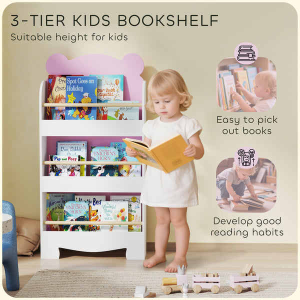 3-tier bookcase, bear motif, with anti-tip device, pink 