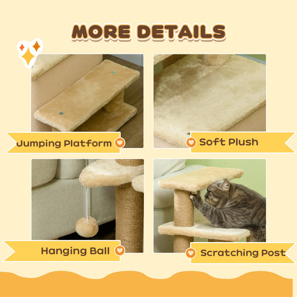 Cat stairs with scratching posts and ball toy, beige