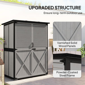 Wooden garden shed, steel frame, asphalt roof, 2 shelves and lockable doors, gray