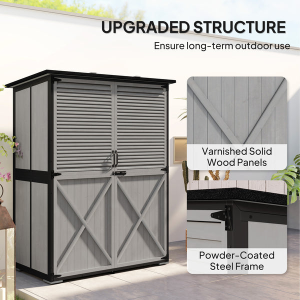 Wooden garden shed, steel frame, asphalt roof, 2 shelves and lockable doors, gray