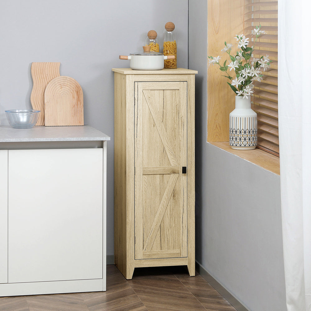 Storage unit with barn door and adjustable shelves, natural color