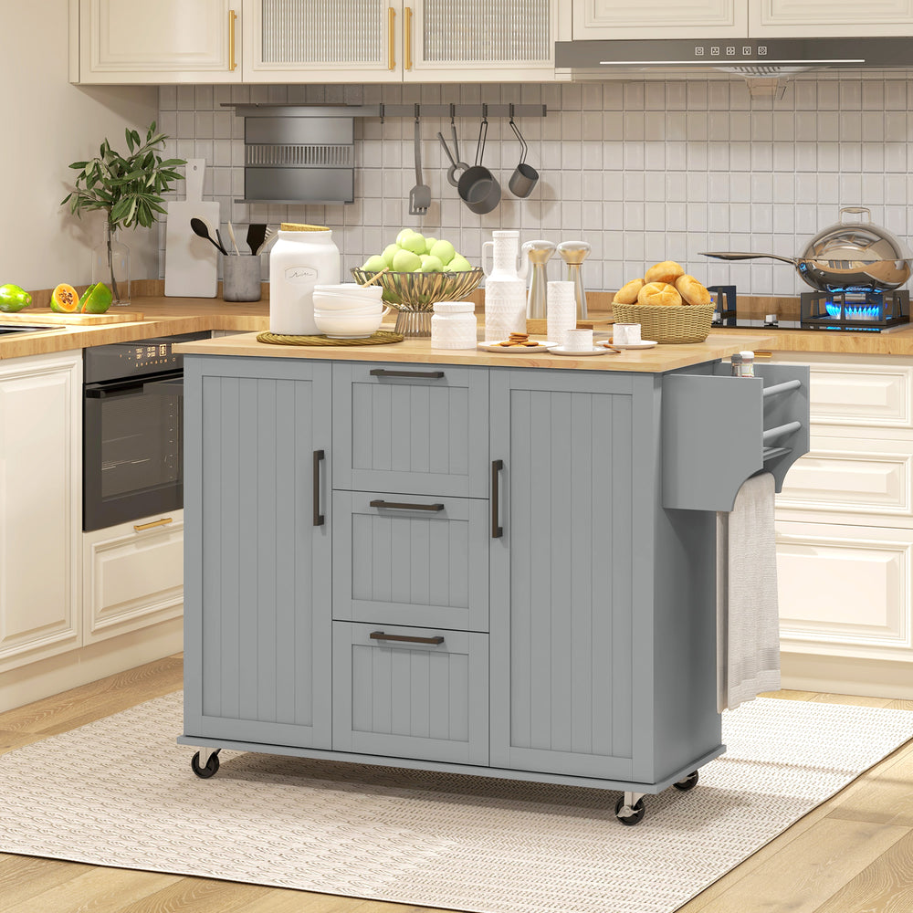 Kitchen trolley on wheels with flap, 3 drawers, solid wood top and towel rail