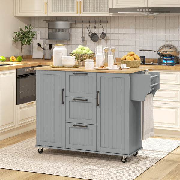 Kitchen trolley on wheels with flap, 3 drawers, solid wood top and towel rail