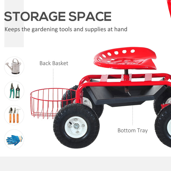 Red and black rolling trolley with swivel and adjustable seat
