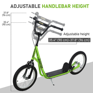 Scooter with 16-inch inflatable wheels and double brakes, green