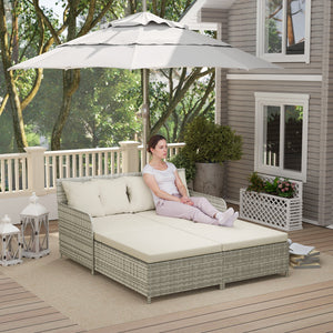 Outdoor rattan sun lounger with soft cushions, 4 pillows, curved backrest and armrests, beige