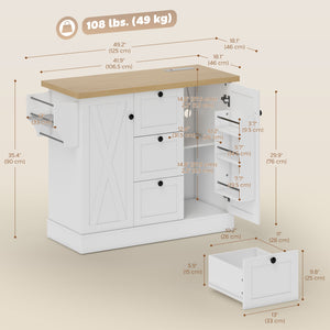 Farmhouse style kitchen island with electrical outlet, soft-close doors, and 3 drawers, white