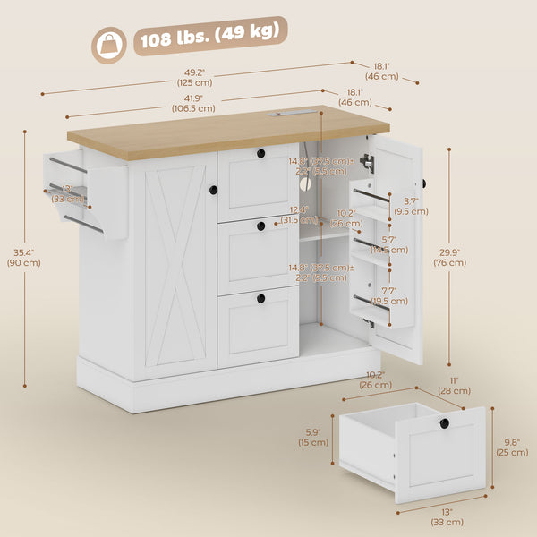 Farmhouse style kitchen island with electrical outlet, soft-close doors, and 3 drawers, white