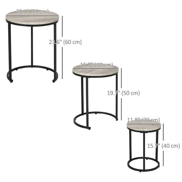 Set of 3 stackable nesting tables with steel frame, gray