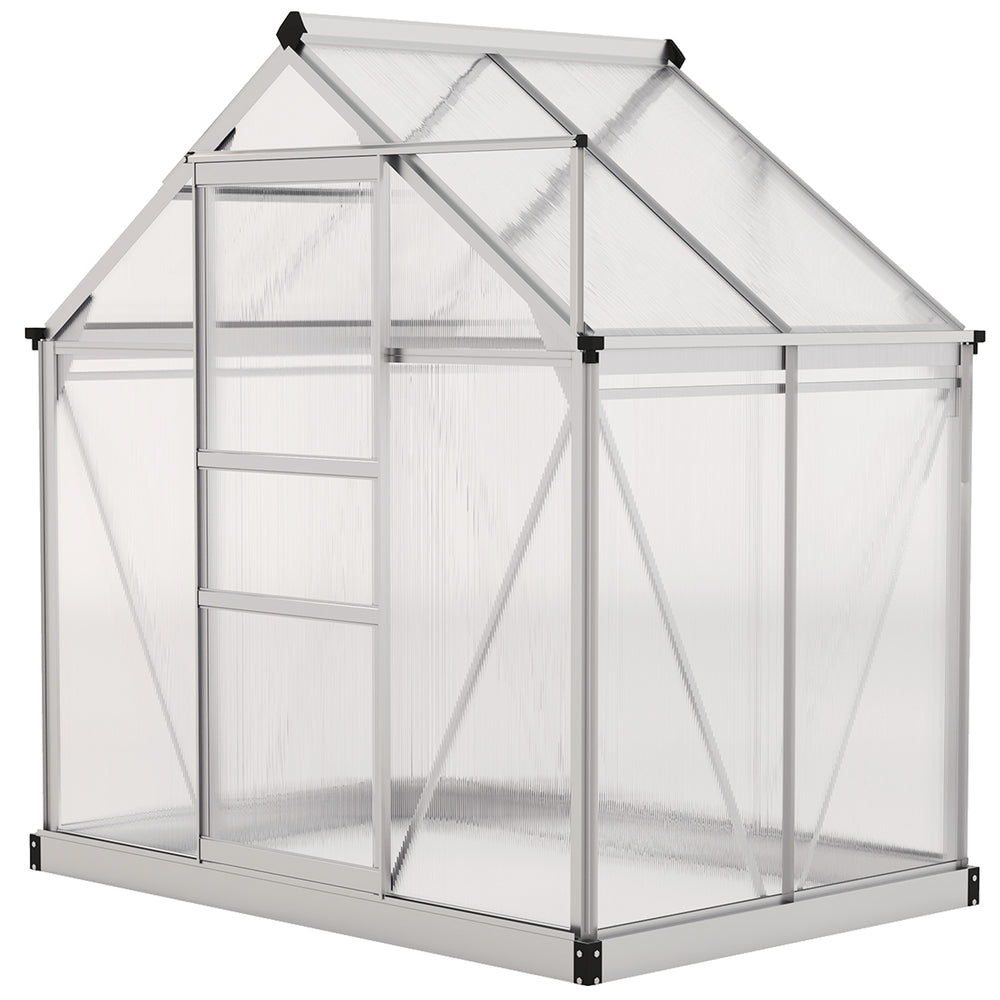 Serre argentée 6 x 4 x 6,6 pieds avec cadre en aluminium galvanisé, panneaux en polycarbonate, gouttière intégrée, ventilation et porte coulissante